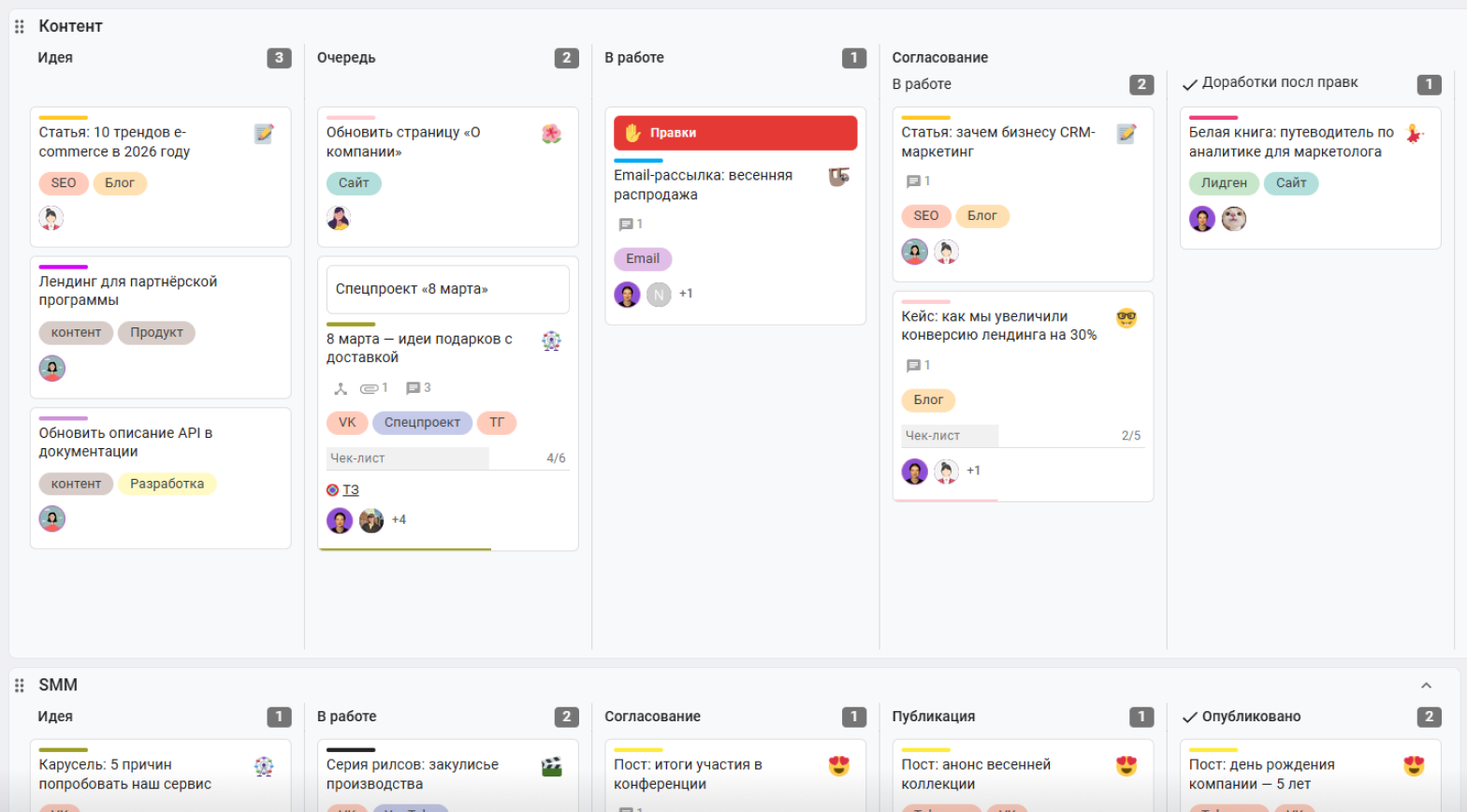 Контент-план маркетинга на канбан-доске в Кайтен