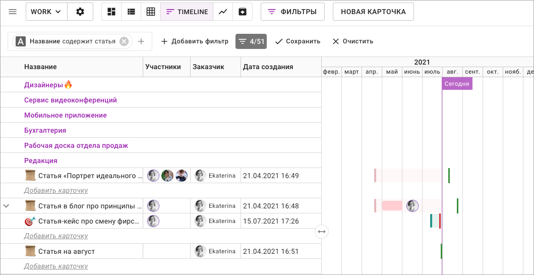 Фильтр на таймлайне в Кайтен