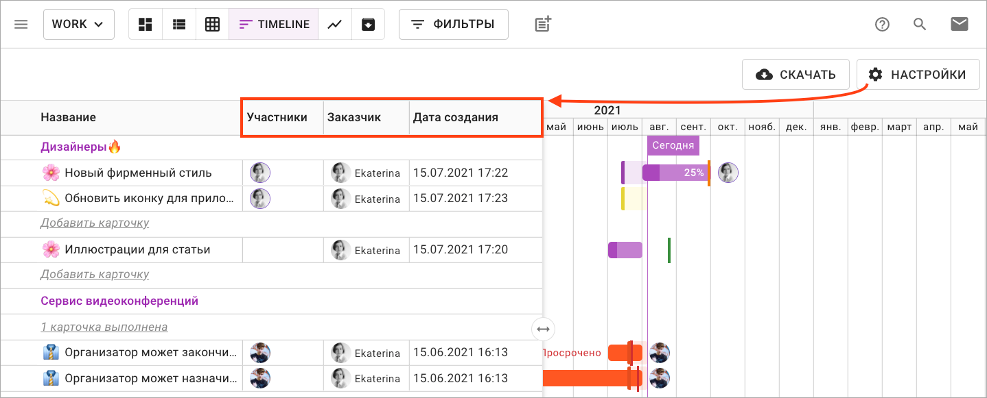 На таймлайн добавили новые колонки в Кайтен