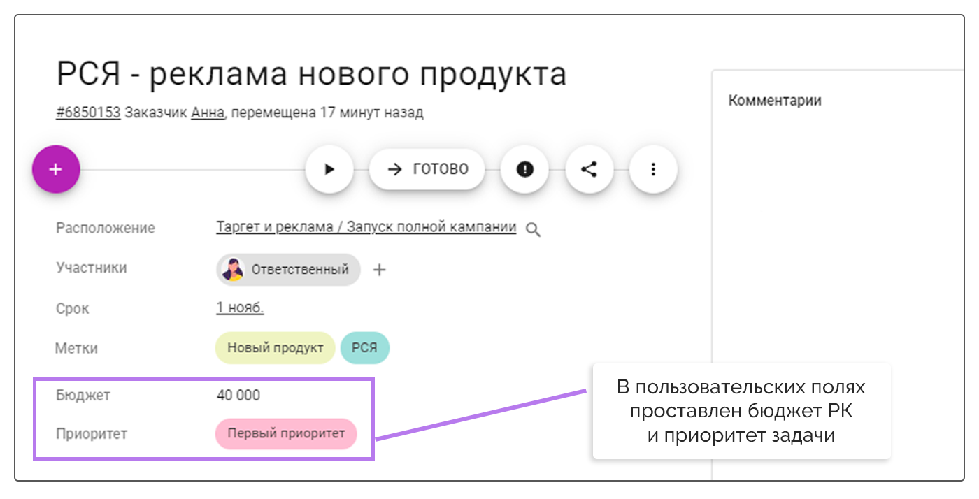 Кастомные поля внутри карточки