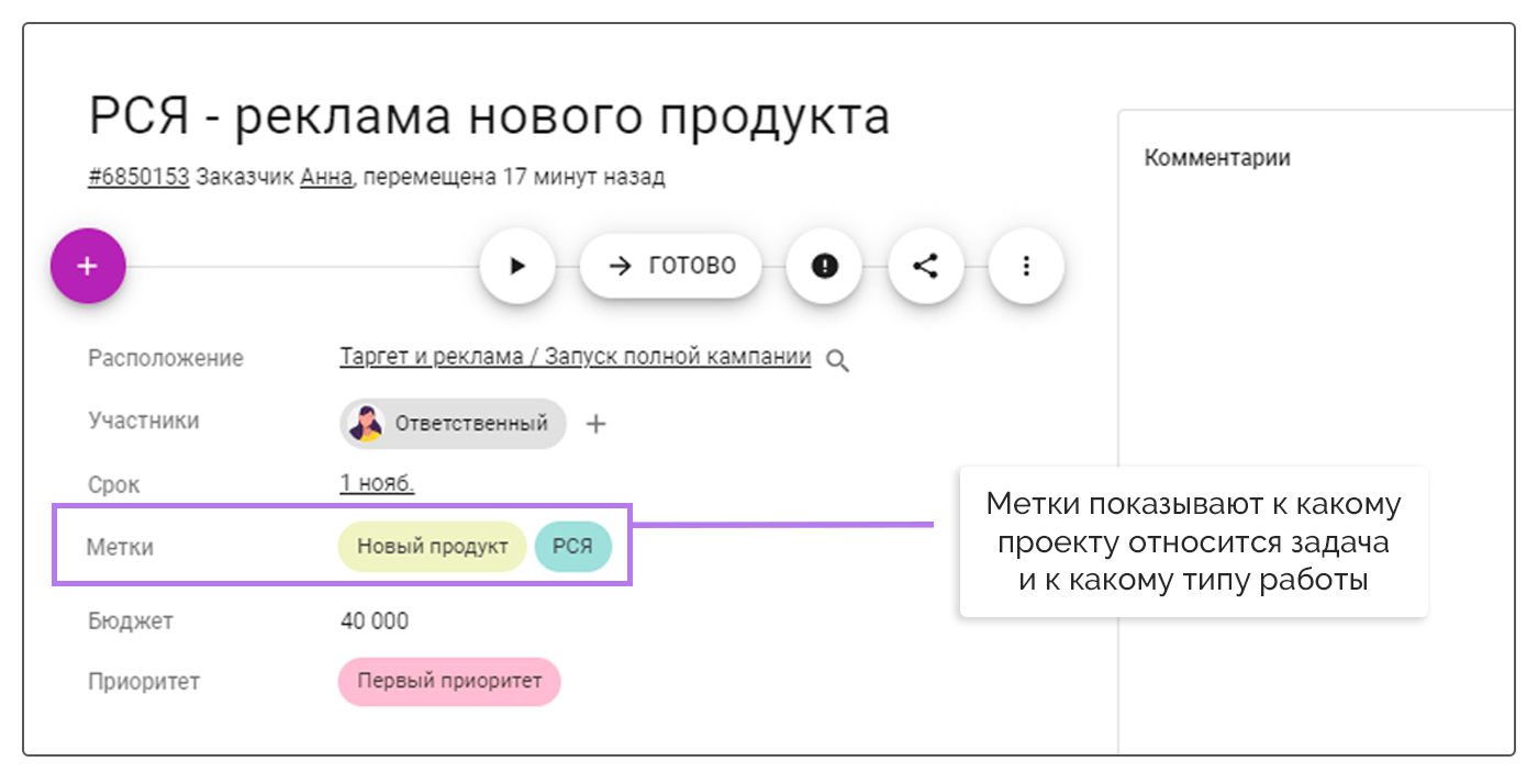 Метки для сортировки задач