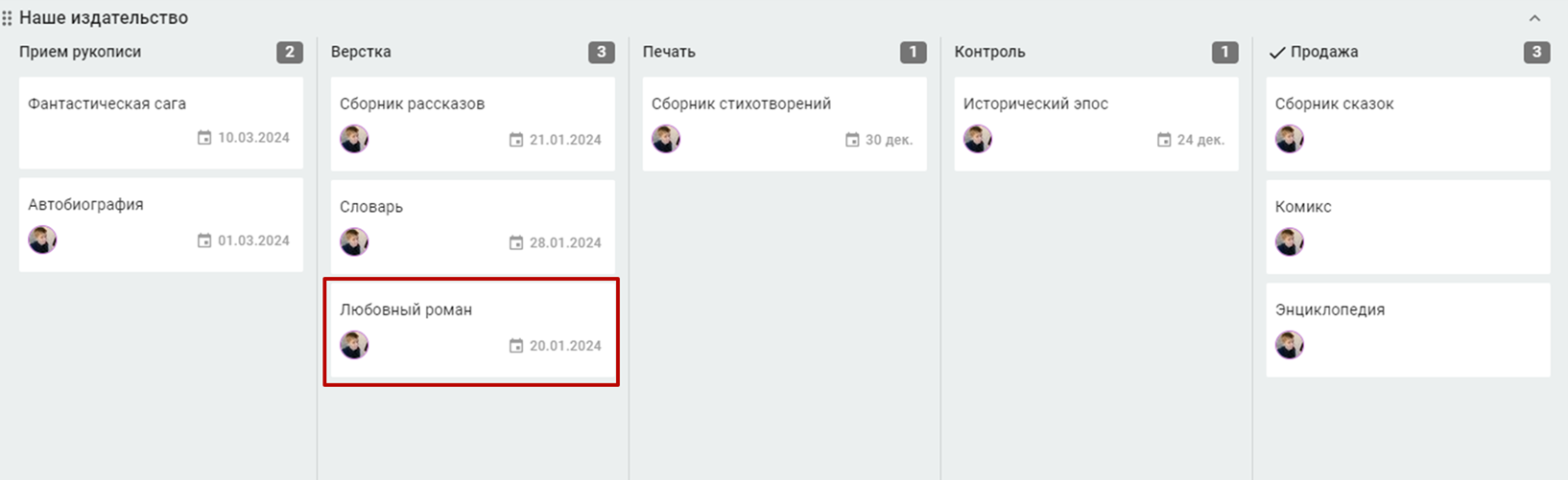 Доска с портфелем проектов издательства. Пример инициации проекта издания Любовного романа