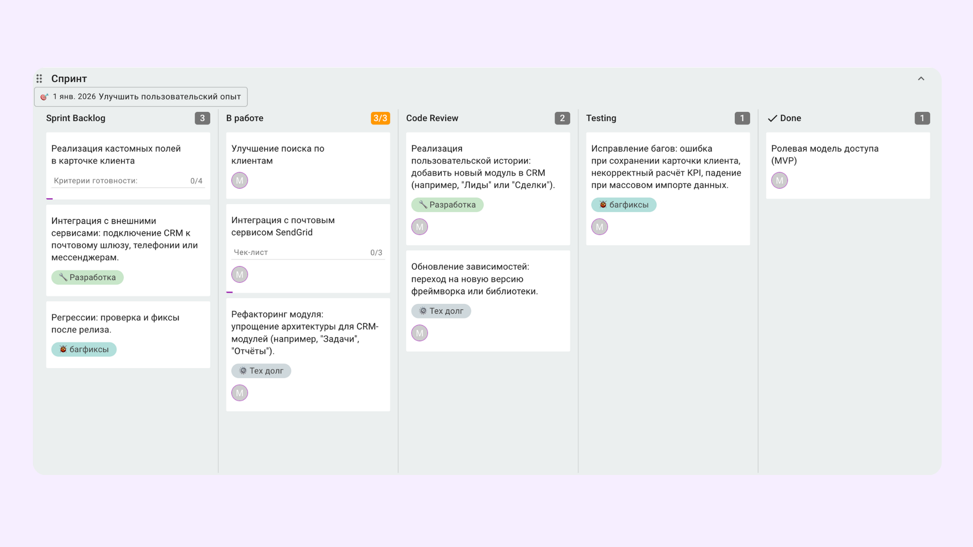 Пример планирование спринта в Kaiten