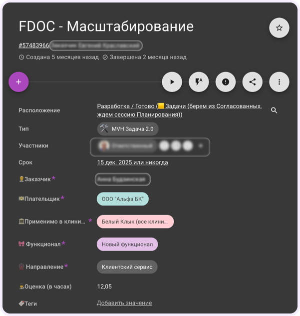 Карточка задачи с набором полей в Кайтене