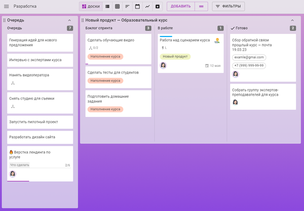 Пример канбан-доски для создания нового продукта